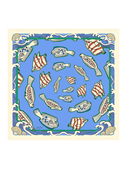 100% Mulberry Silk Fish Pattern Scarf - Size 90x90cm