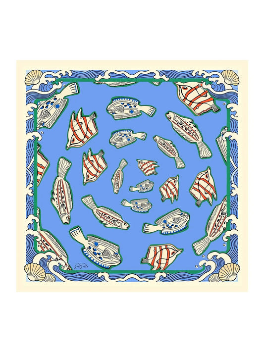 100% Mulberry Silk Fish Pattern Scarf - Size 90x90cm