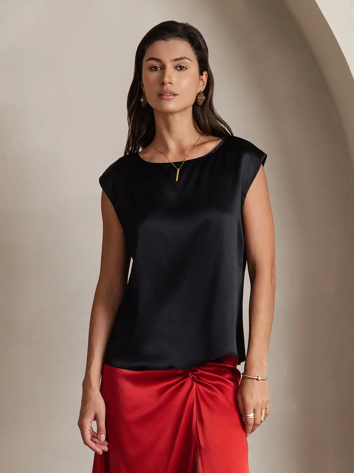 19Momme Women's Silk Cap Sleeve Round Neck Top