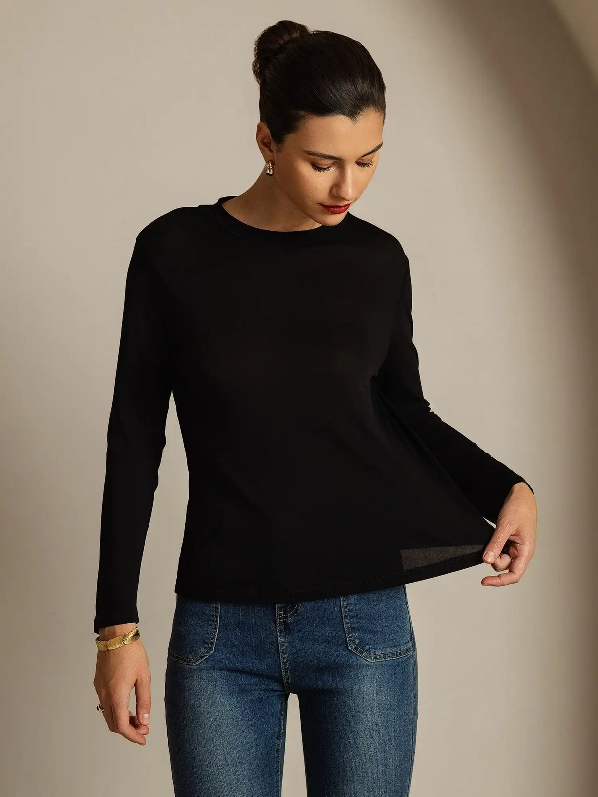 Women's 100% Mulberry Silk Long Sleeve Crew Neck Top