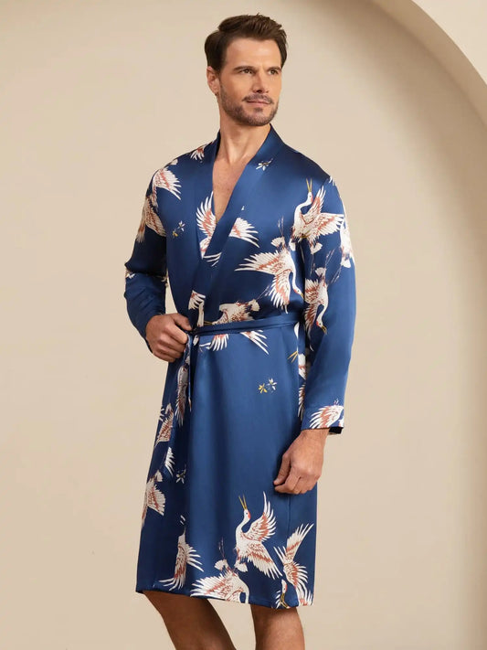19Momme Pure Silk Men’s Knee Length Crane Printed Robe With Belted Design