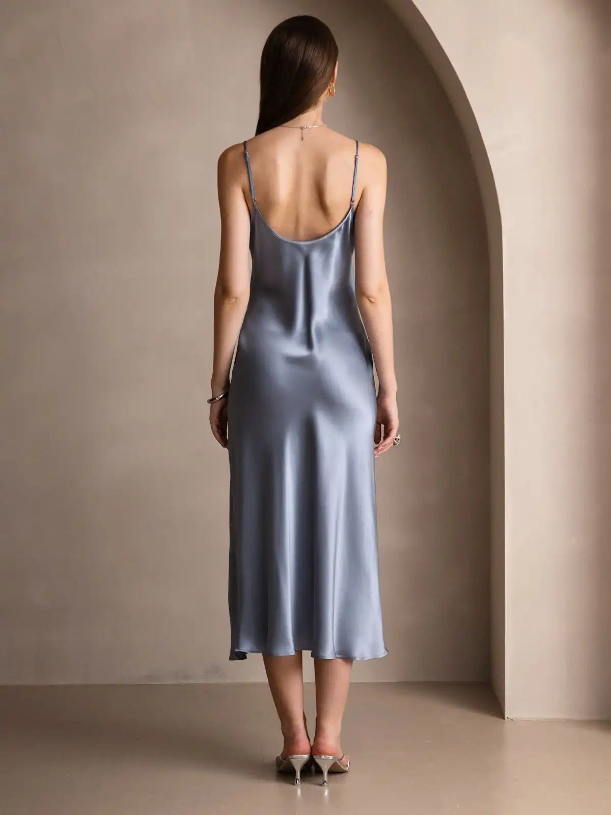100% Mulberry Silk Spaghetti Strap Midi Long Dress