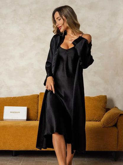 100% Mulberry Silk V-Neck Midi Nightgown & Robe Set 2Pcs