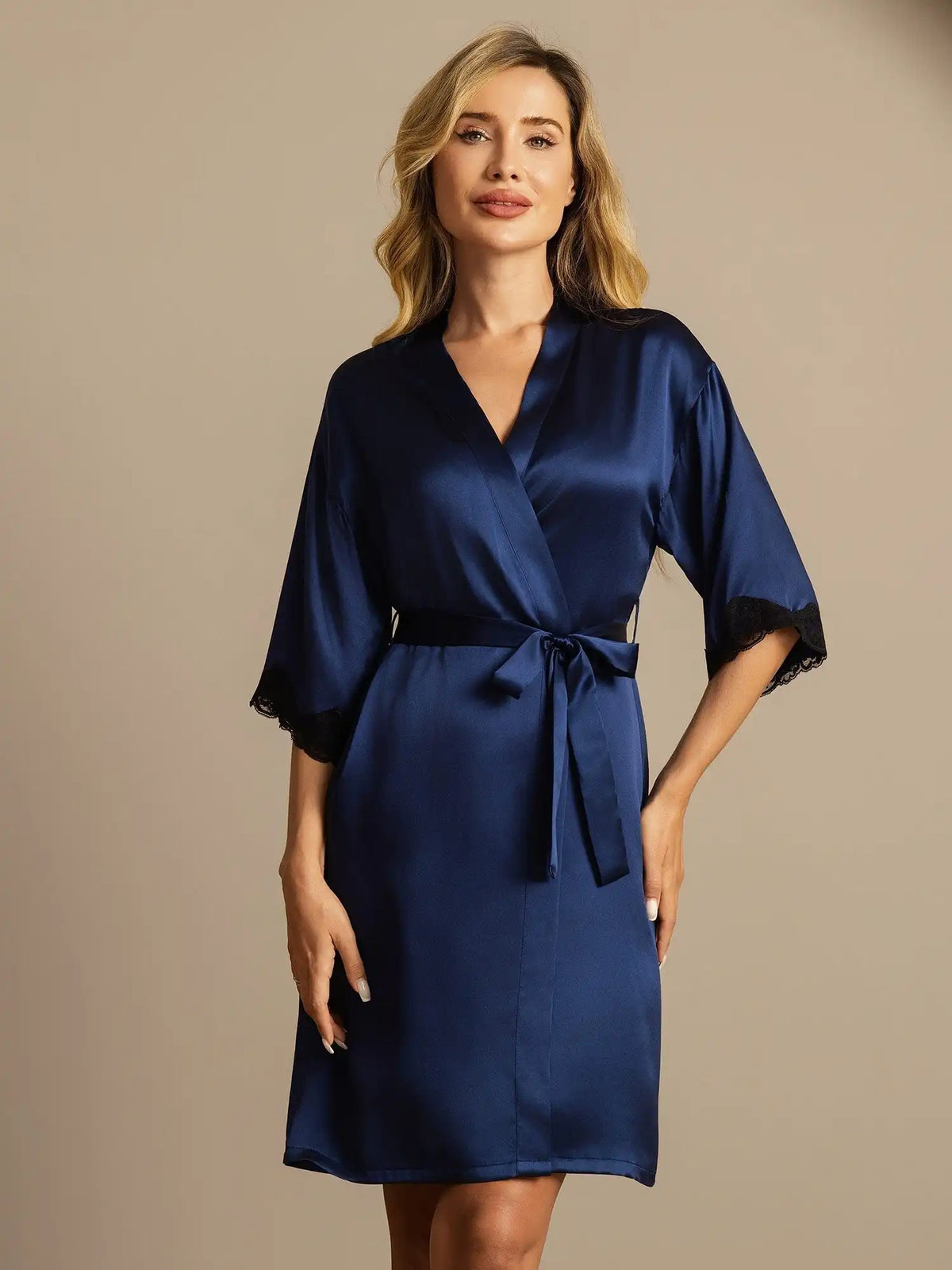 100% Mulberry Silk Basic Women's Robe with Lace Design