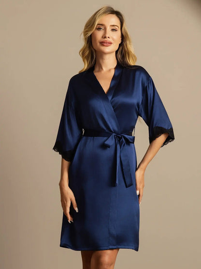 100% Mulberry Silk Basic Women's Robe with Lace Design
