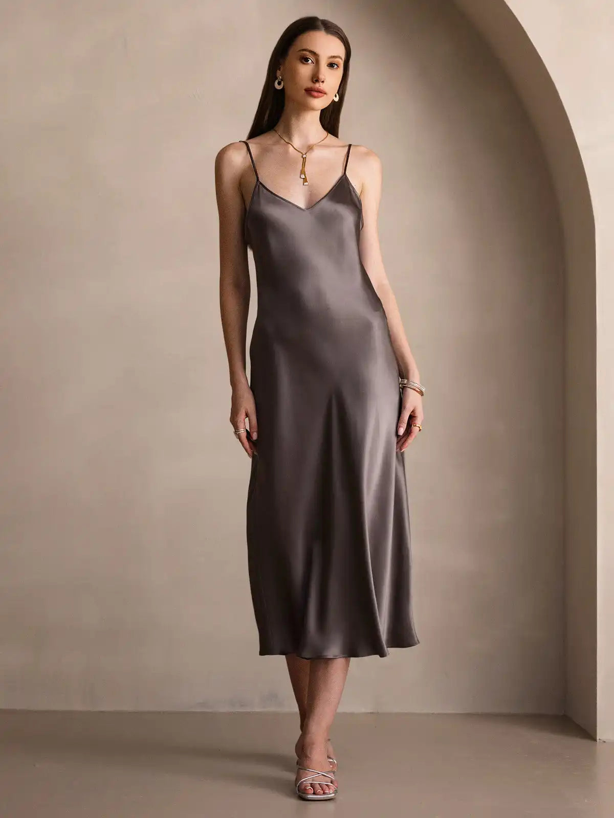 100% Mulberry Silk Spaghetti Strap V Neck Midi Dress
