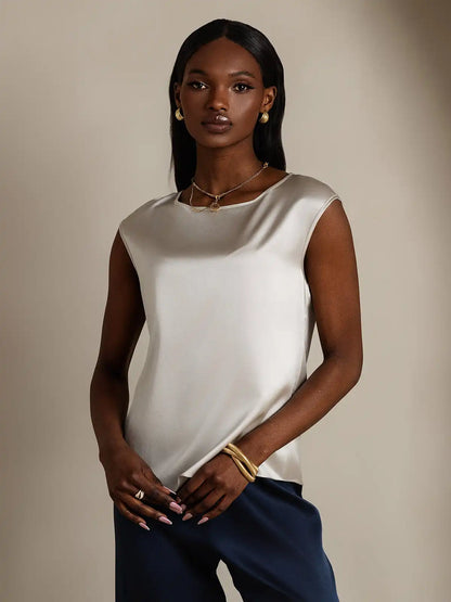 19Momme Women's Silk Cap Sleeve Round Neck Top
