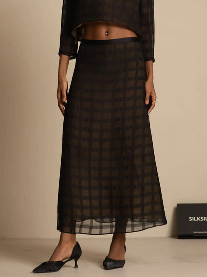 Clearance - 100% Mulberry Silk High-Waist A-Line Textured Grid Long Skirt With Back Zipper