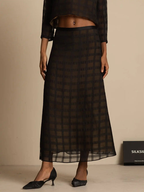 Clearance - 100% Mulberry Silk High-Waist A-Line Textured Grid Long Skirt With Back Zipper