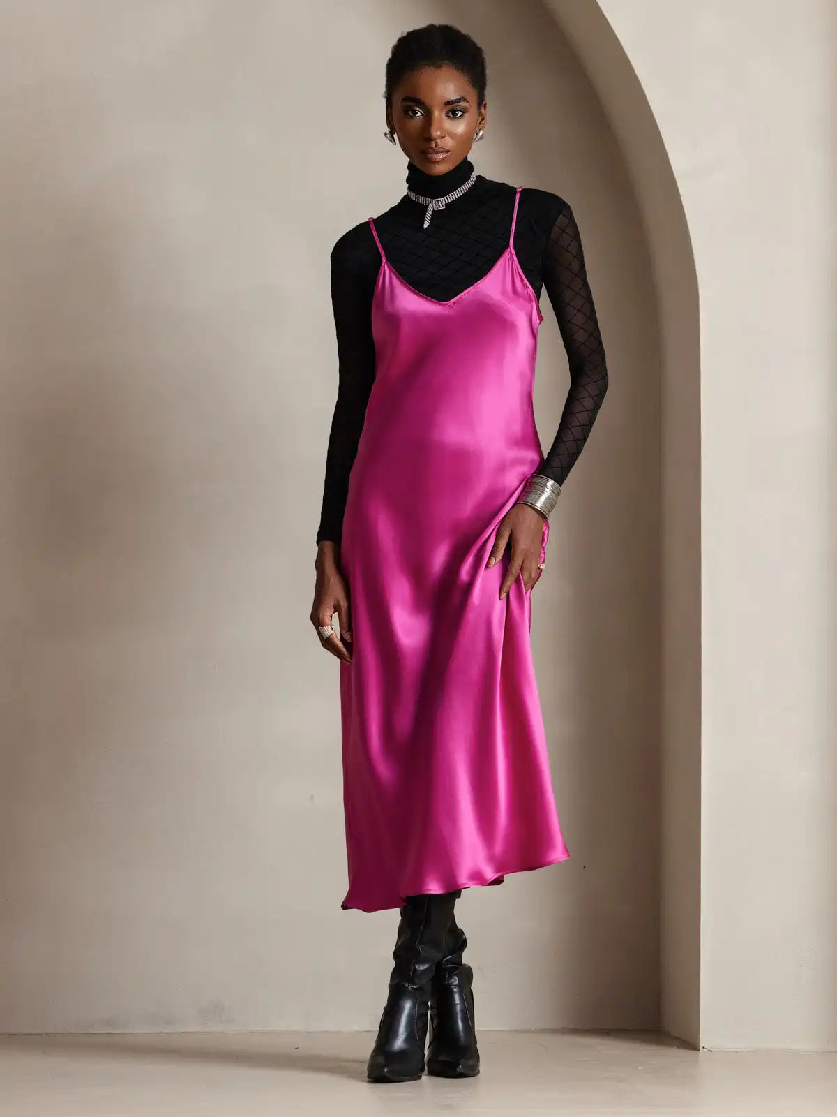 100% Mulberry Silk Spaghetti Strap Midi Long Dress