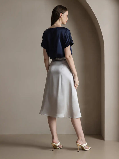 Clearance - 19Momme Silk A Line Long Slit Skirt with Zipper Design