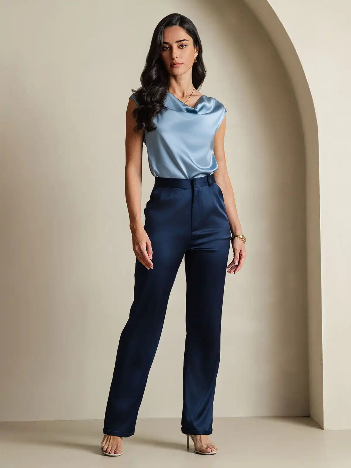 19Momme Silk Cap Sleeve Cowl Neck Women's Top