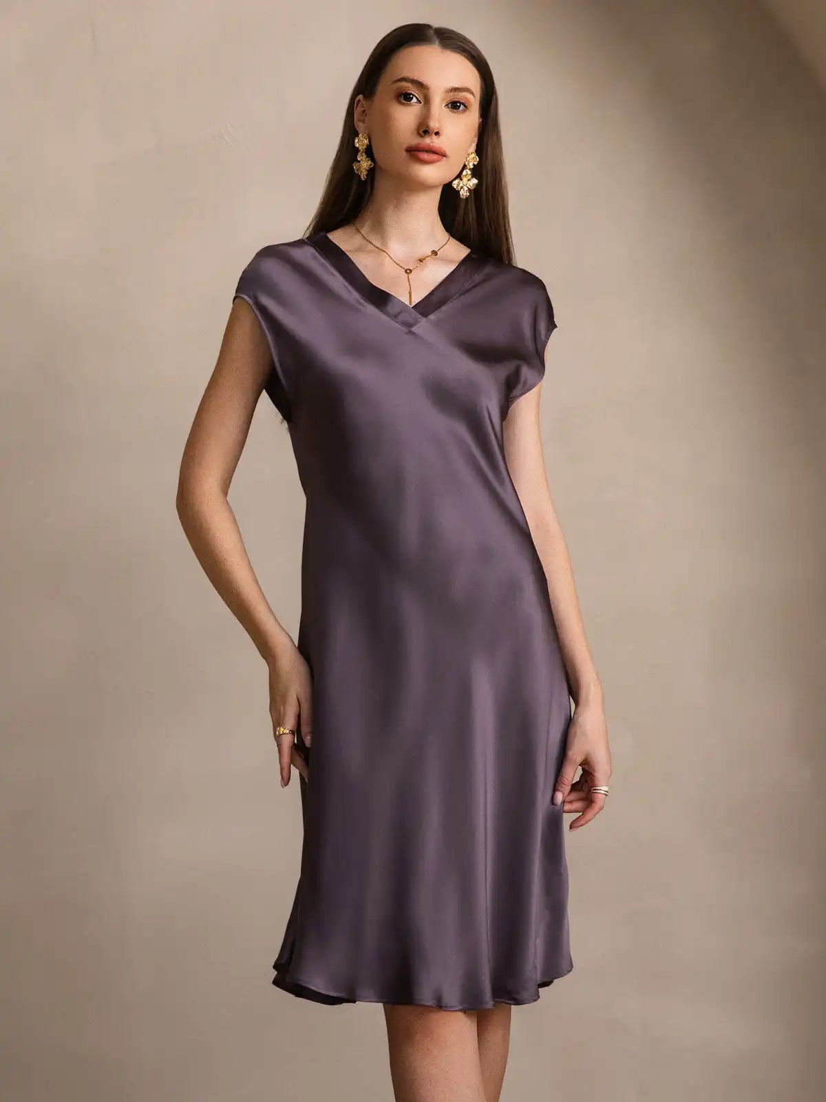 100% Mulberry Silk Cap Sleeve V-neck Midi Nightgown