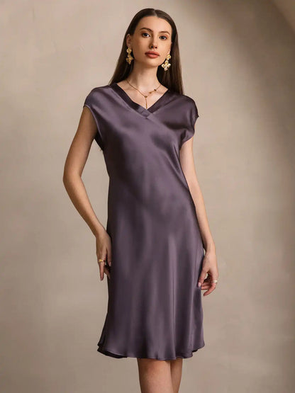 100% Mulberry Silk Cap Sleeve V-neck Midi Nightgown