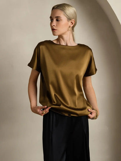 19Momme Silk Short Sleeve Boat Neck Cuffed Sleeve Women's T-Shirt