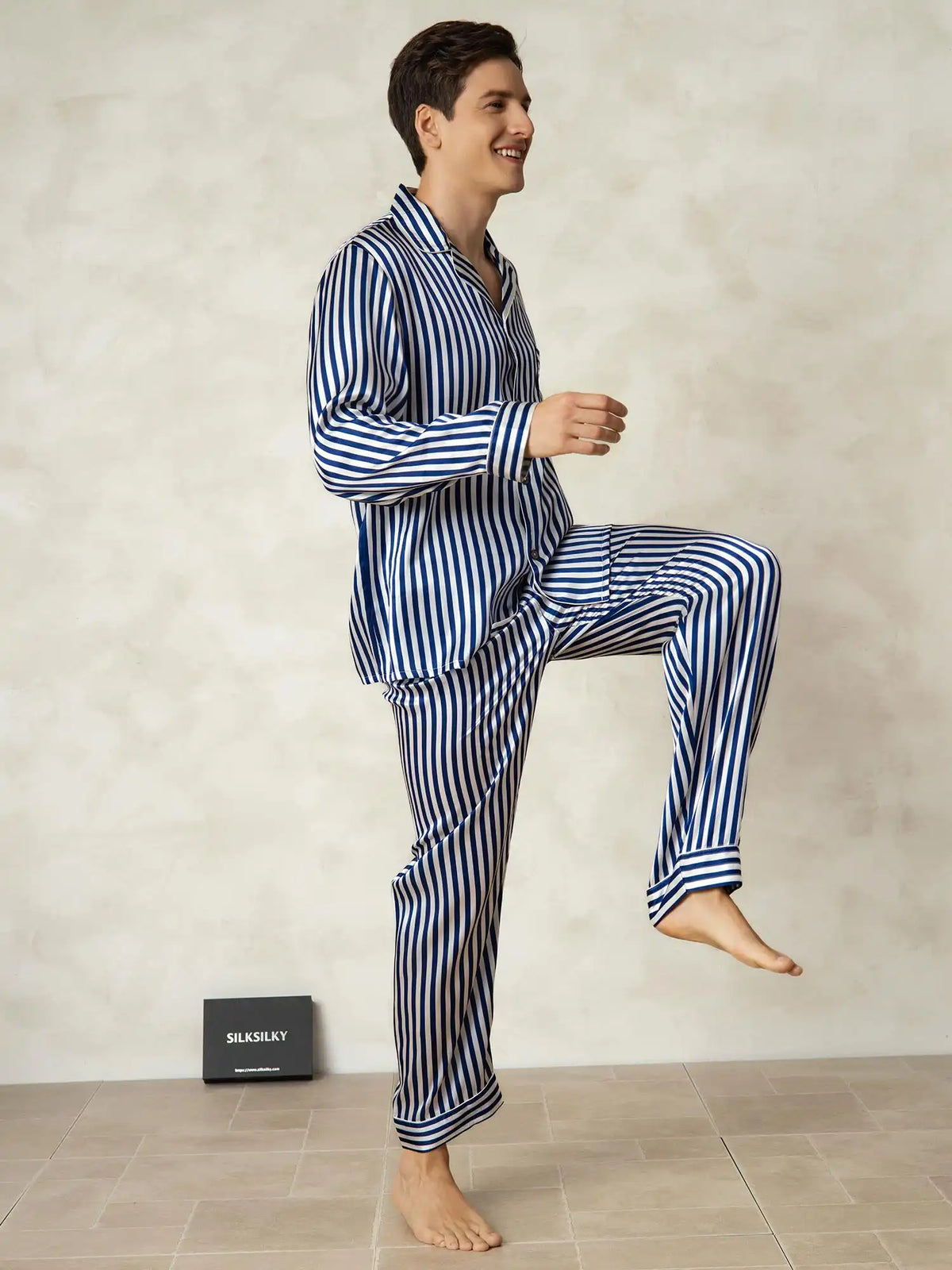 Men's 100% Mulberry Silk Stripe Print Long Sleeve Lapel Collar Pajamas Set