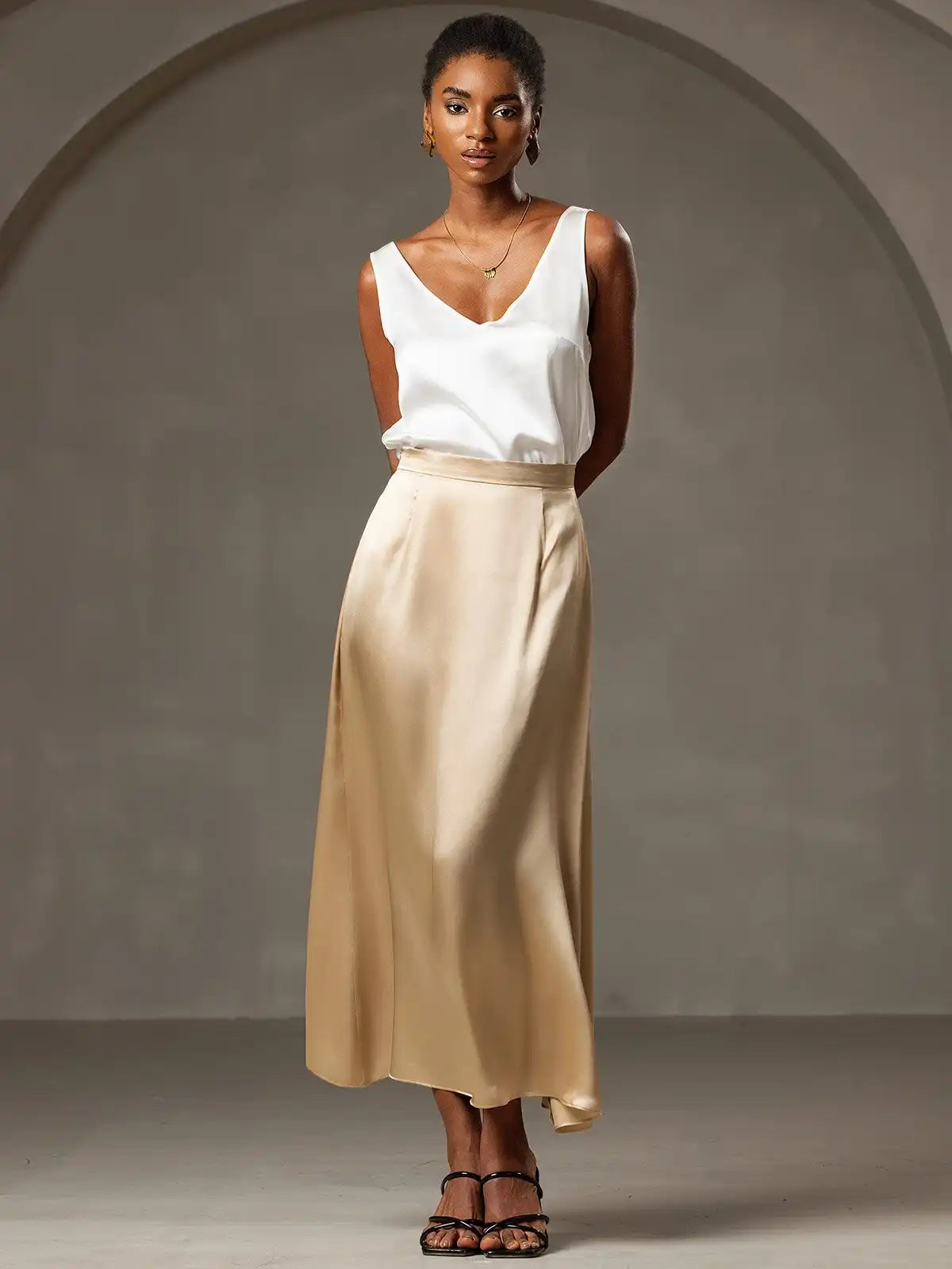 Clearance - 19Momme Silk A Line Maxi Skirt with Zipper Design