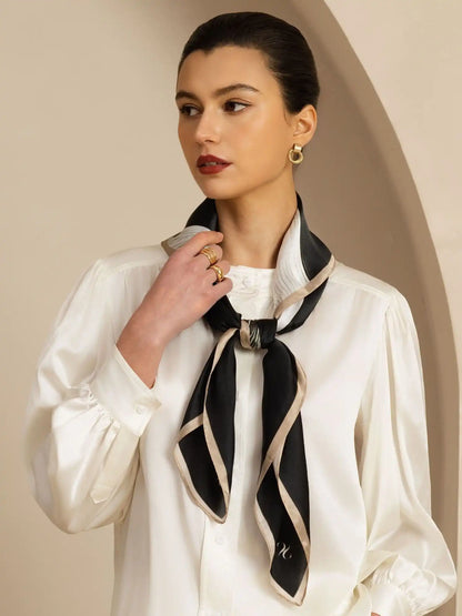100% Mulberry Silk White Ribbon Square Scarf - Size 90x90cm