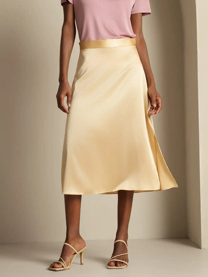 Clearance - 19Momme Silk A Line Long Slit Skirt with Zipper Design