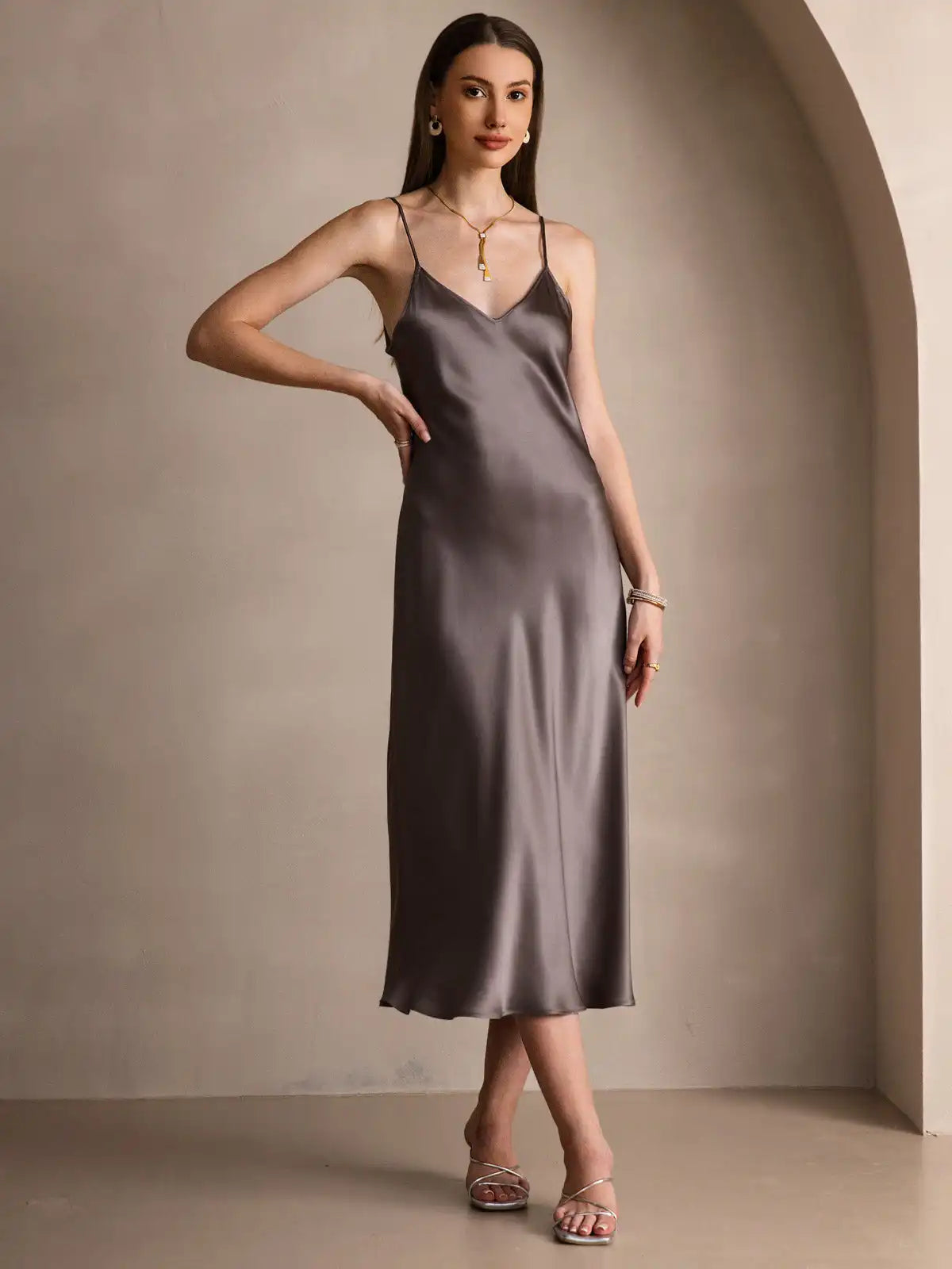 100% Mulberry Silk Spaghetti Strap V Neck Midi Dress