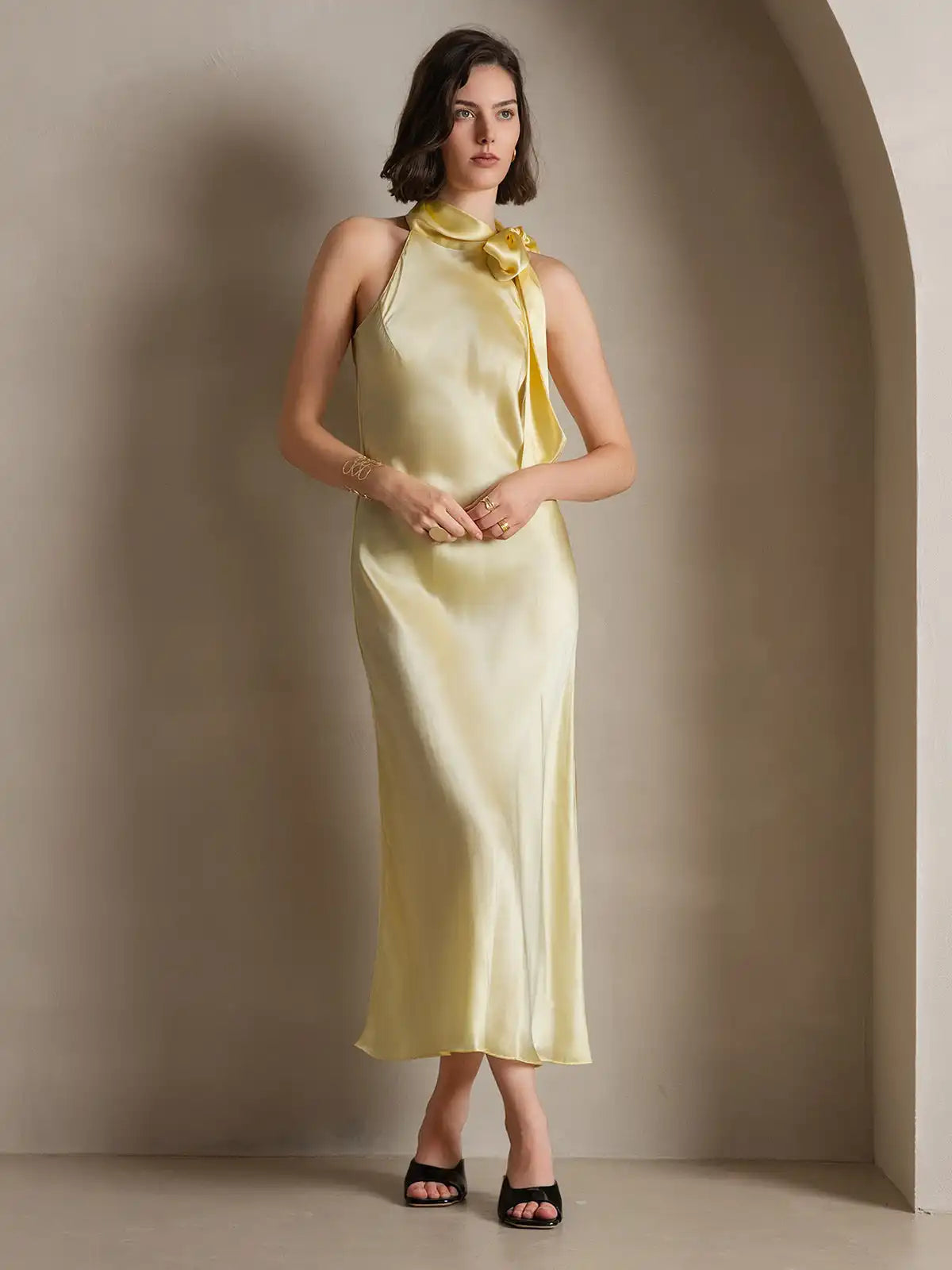 19Momme Silk Sleeveless Tie Neck Midi Dress