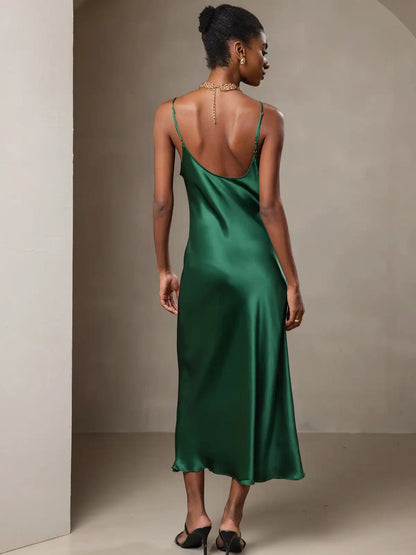 100% Mulberry Silk Spaghetti Strap Midi Long Dress