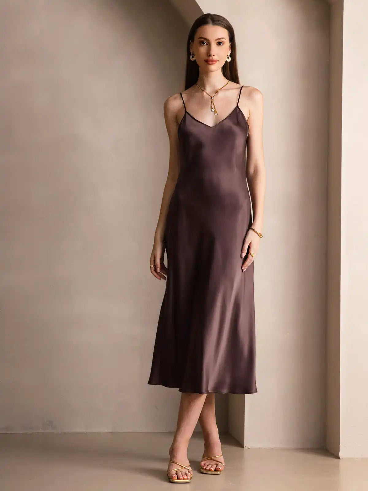 100% Mulberry Silk Spaghetti Strap Midi Long Dress