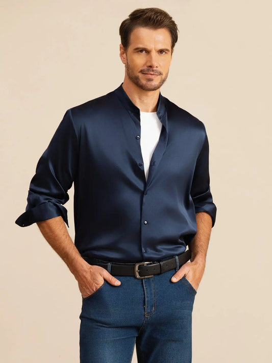 19Momme Silk Men''s Long Sleeve Stand Collar Classic Business Shirt