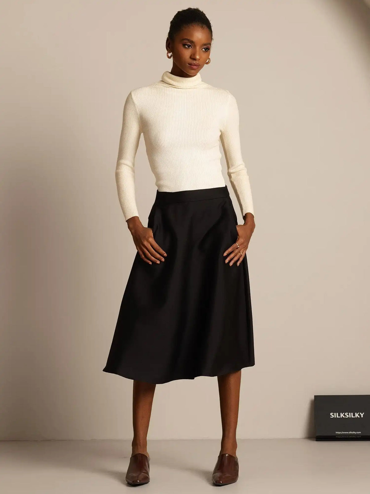 32Momme Silk-Wool Blend  A Line Midi Skirt with Zipper Deign