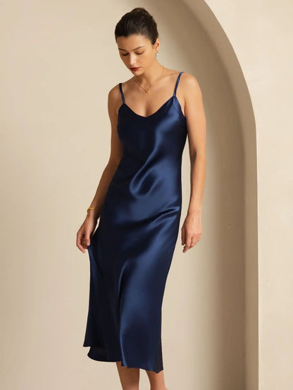 Pure Silk  V Neck Backless Spaghetti Strap Long Dress