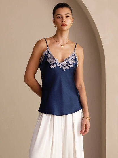 100% Mulberry Silk Spaghetti Strap  V-neck Lace Camisole Top