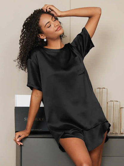 100% Mulberry Silk Short Sleeve Round Neck Women's Pajamas Set