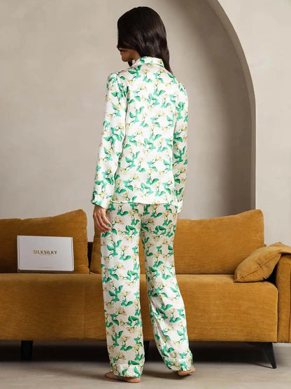 Clearance - Women's Pure Silk Green Floral Print Long Sleeve Notch Collar Pajamas Set