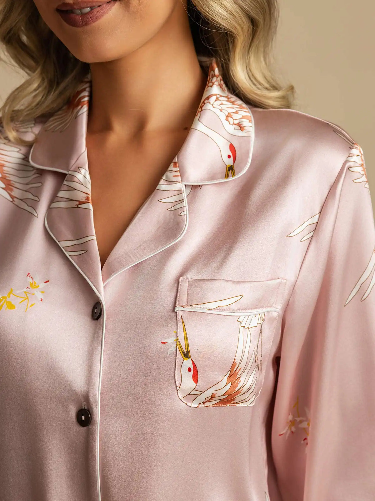 19Momme 100% Mulberry Silk Crane Print Women's Long Sleeve Notch Collar Pajamas Set