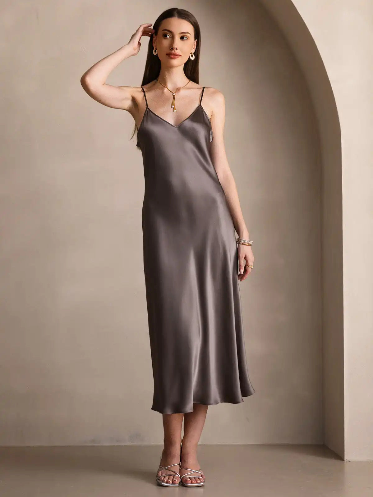 100% Mulberry Silk Spaghetti Strap V Neck Midi Dress