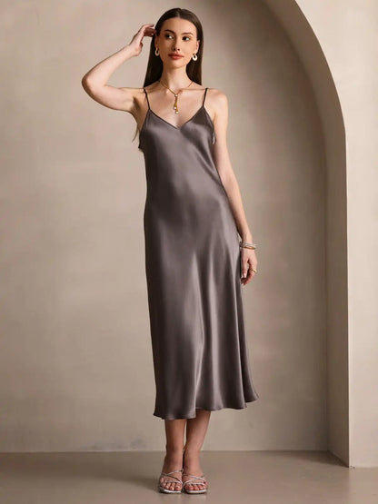 100% Mulberry Silk Spaghetti Strap V Neck Midi Dress
