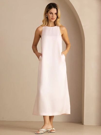 100% Mulberry Silk Crew Neck  Sleeveless Self-Tie Midi Dress