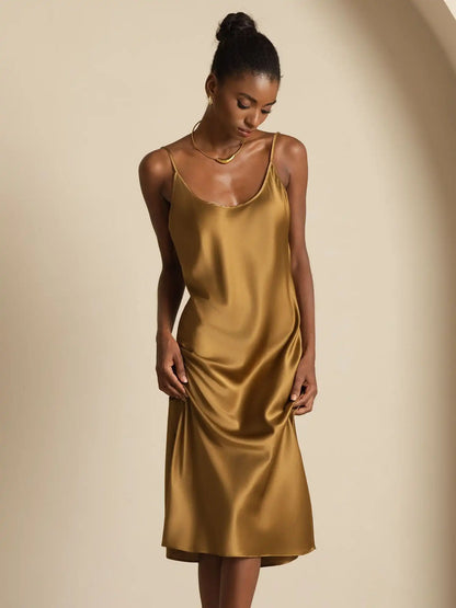 19Momme Silk Scoop Neck Backless Spaghetti Strap Midi Dress