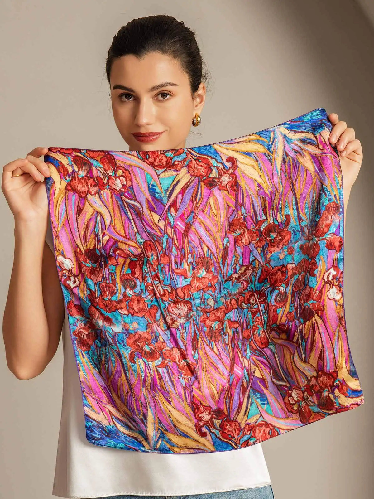 100% Mulberry Silk Floral Pattern  Square Scarf - Size 53x53cm