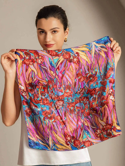 100% Mulberry Silk Floral Pattern  Square Scarf - Size 53x53cm
