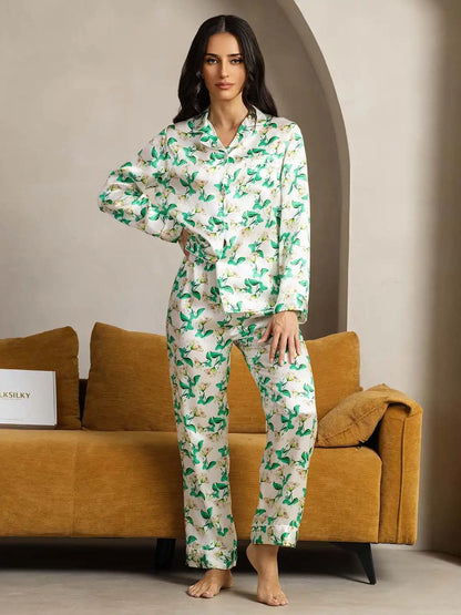 Clearance - Women's Pure Silk Green Floral Print Long Sleeve Notch Collar Pajamas Set