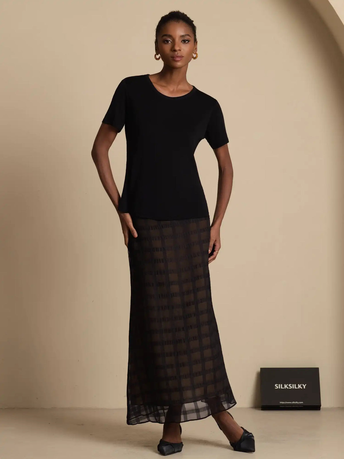 Clearance - 100% Mulberry Silk High-Waist A-Line Textured Grid Long Skirt With Back Zipper