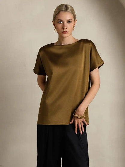 19Momme Silk Short Sleeve Boat Neck Cuffed Sleeve Women's T-Shirt