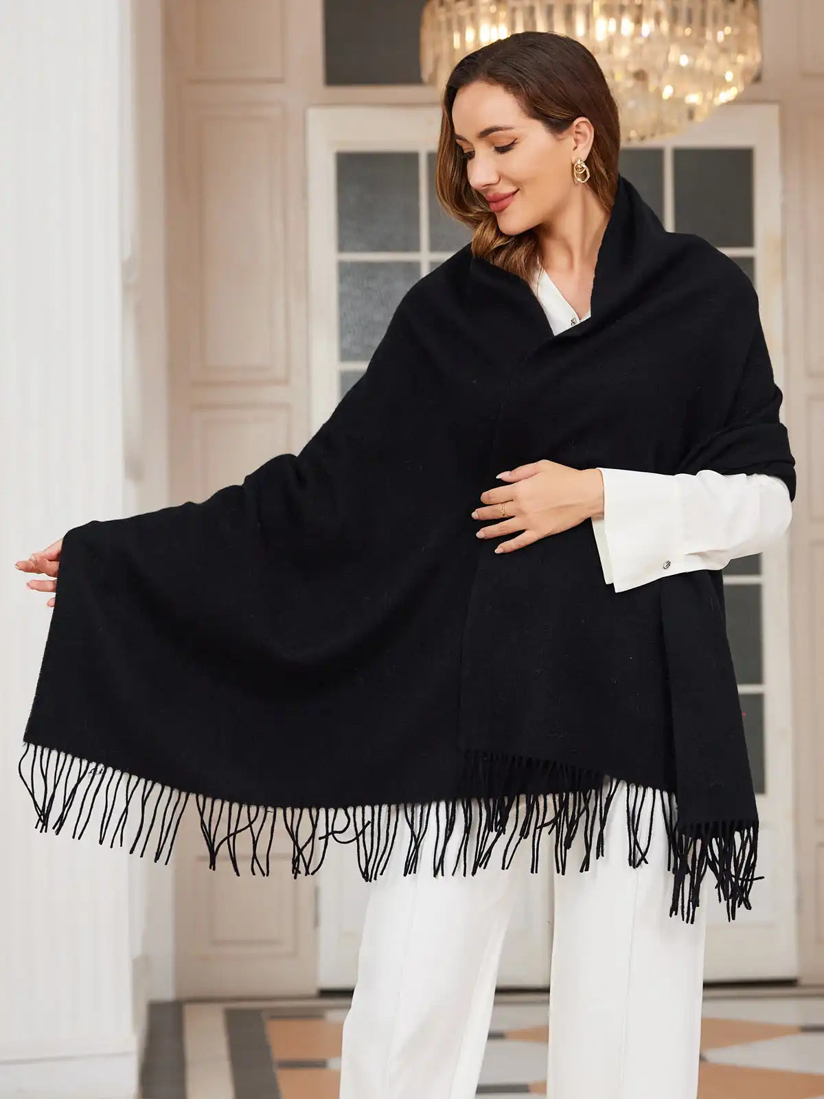 Clearance-Pure Wool Scarf Shawl w/ Fringed Decoration 200x70cm/79