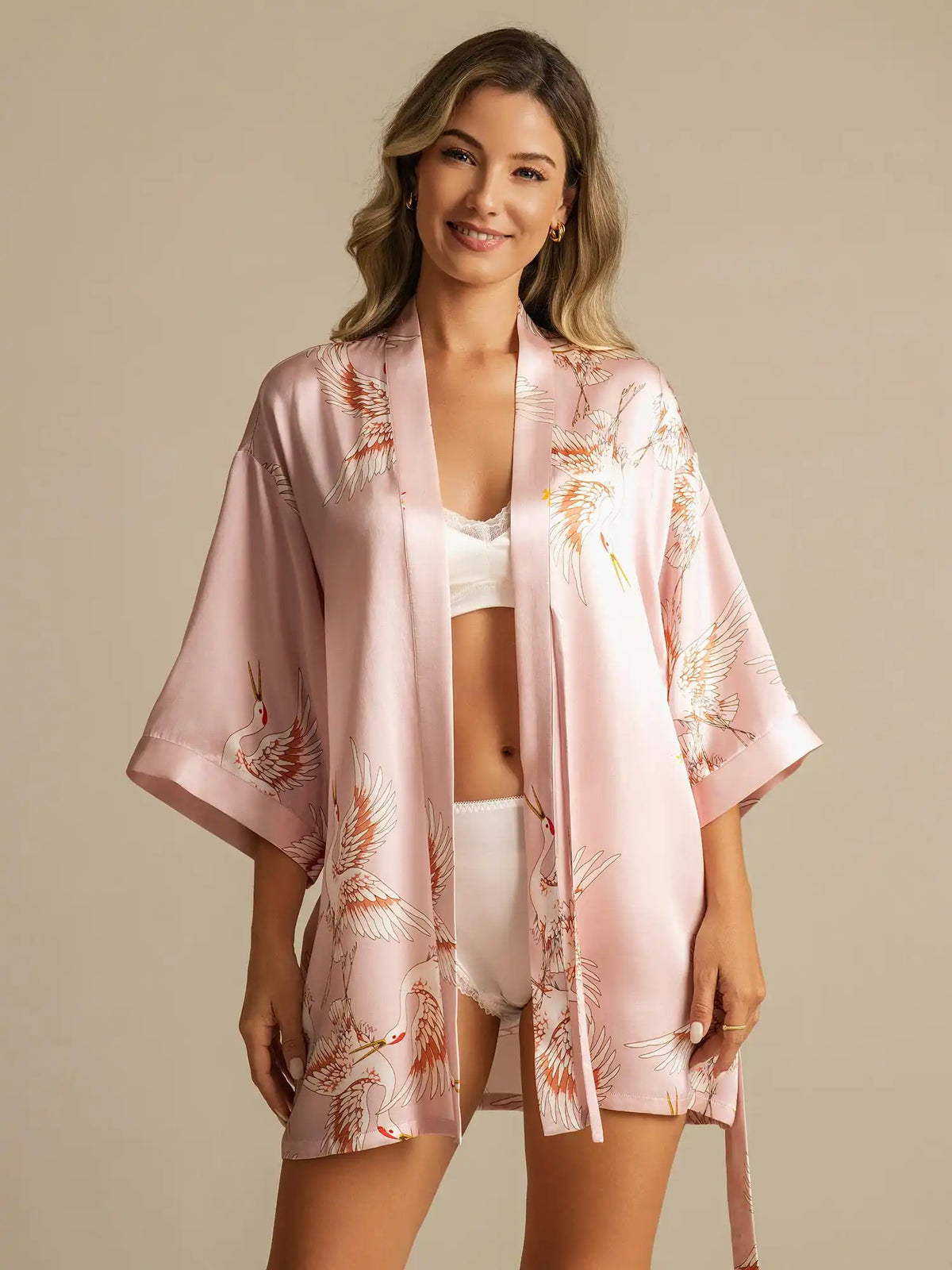 19Momme Women's 100% Mulberry Silk Crane Print 3/4 Sleeve Short Kimono Robe