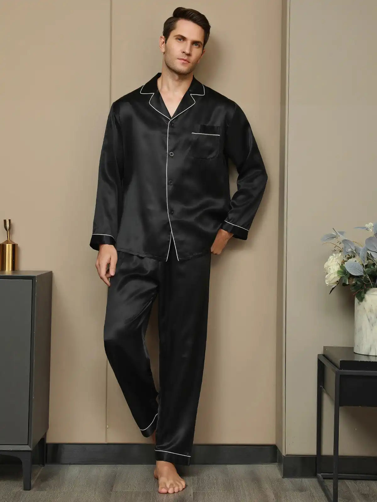 100% Mulberry Silk Long Sleeve Notch Collar Men's Pajamas Set with Button Up Design