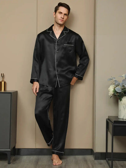 100% Mulberry Silk Long Sleeve Notch Collar Men's Pajamas Set with Button Up Design