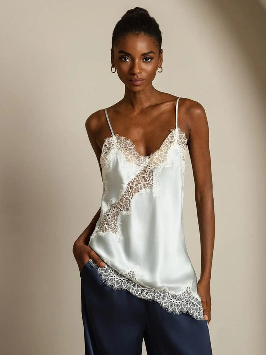 100% Mulberry Silk Spaghetti Straps Lace Camisole Top with Asymmetrical Hem