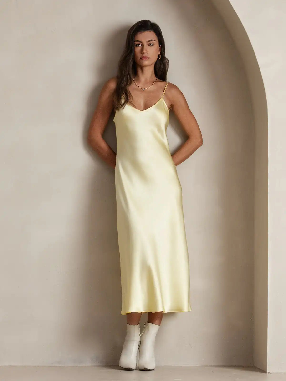 Women's 100% Mulberry Silk Spaghetti Strap V-neck Midi Nightgown