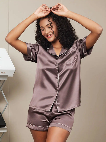 100% Mulberry Silk Short Sleeve Notch Collar Above the Knee Women's Pajamas Set